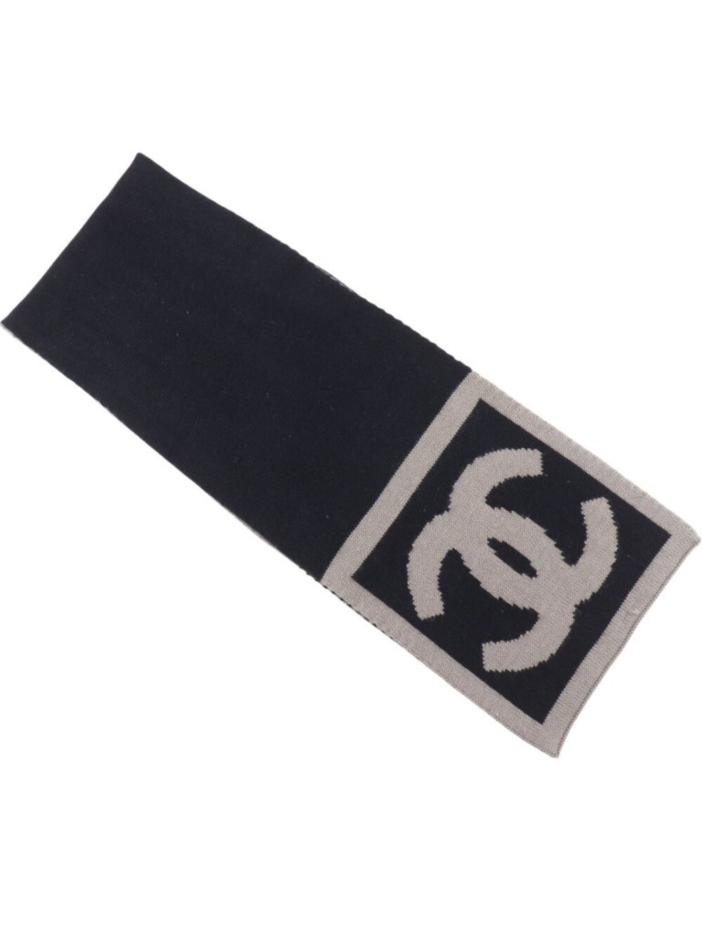 Chanel CC Logo Wool Silk Black Gray Scarf